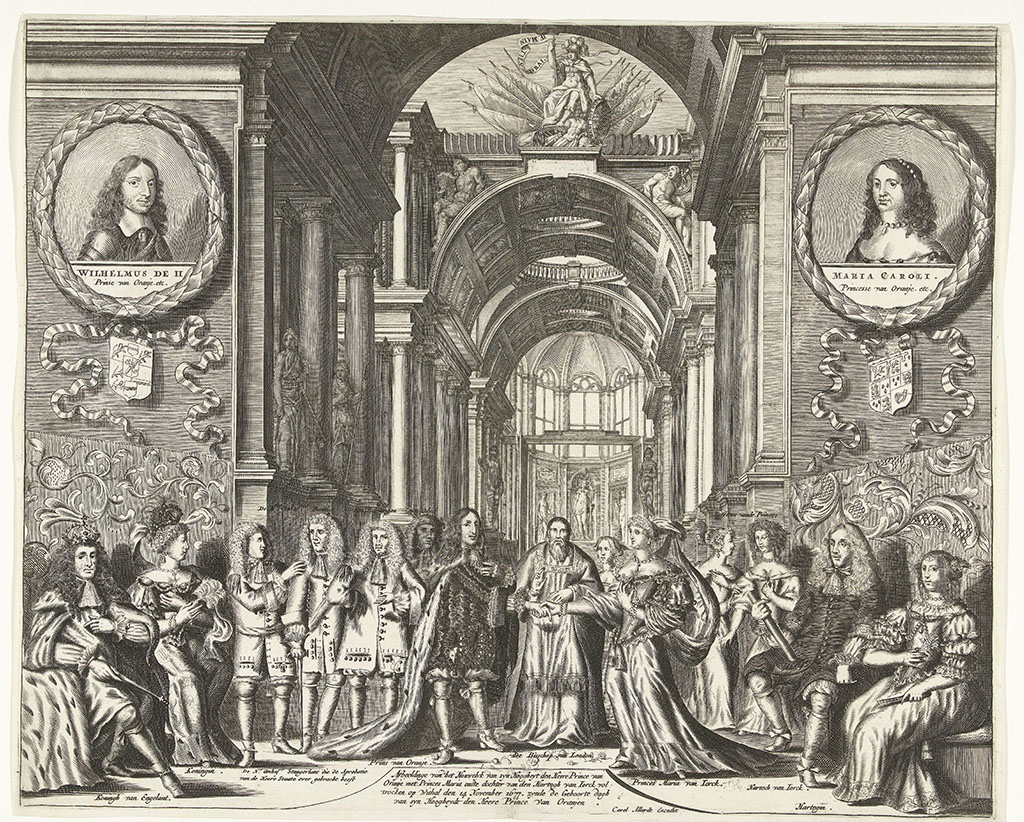 Het huwelijk van prins Willem III met Maria II Stuart te Whitehall in Londen, 14 november 1677. Voltrekking van de ceremonie door de bisschop van Londen. Links Karel II koning van Engeland met koningin, rechts Jacobus II, de hertog van York met hertogin. Bovenaan in medaillons portretten van de ouders van de prins: Willem II en Maria Henrietta Stuart. Links afgezanten en ambassadeurs van de Republiek.