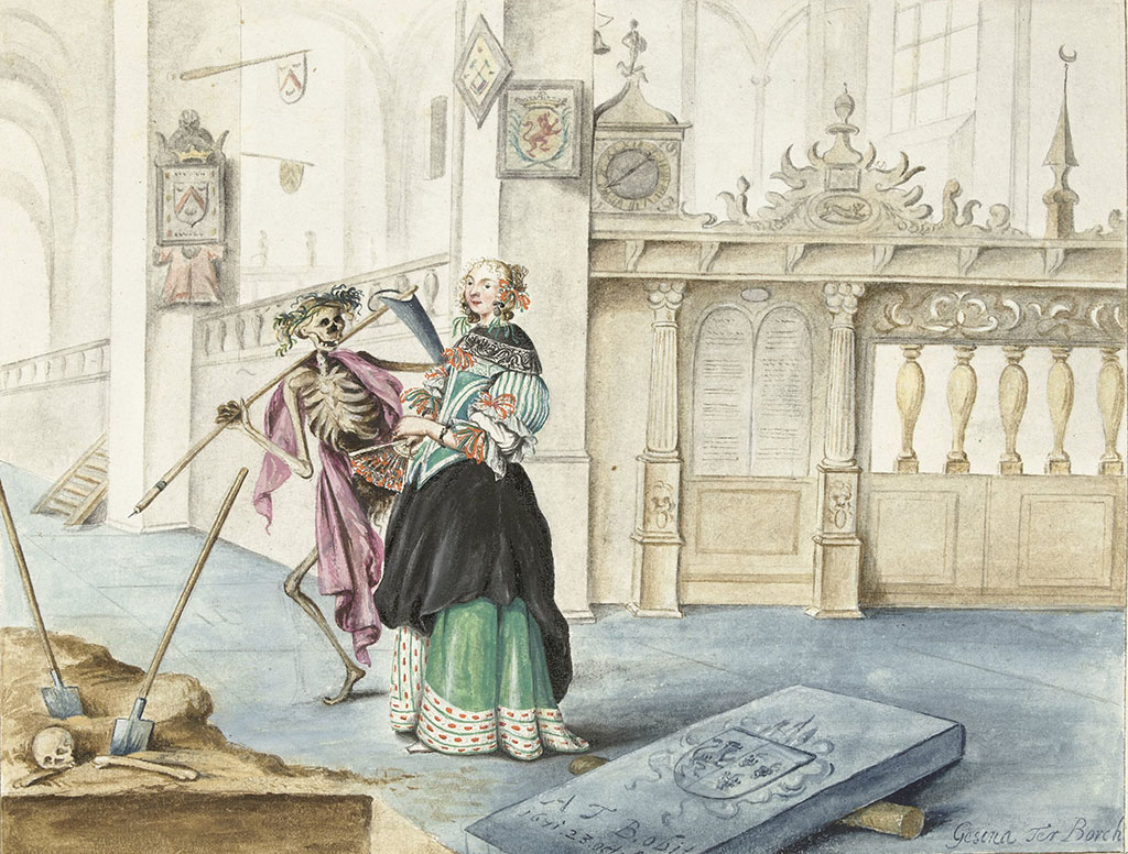 Vrouw staand in het koor van de Sint-Michaëlskerk te Zwolle, mogelijk Gesina's zus Aleida of Aeltien ter Borch. Op de voorgrond is een open graf te zien naast een grafsteen met de wapens van de families Ter Borchs en Condewijn. Op de grafsteen staat: A.T B.obit, 1671.23 octob.