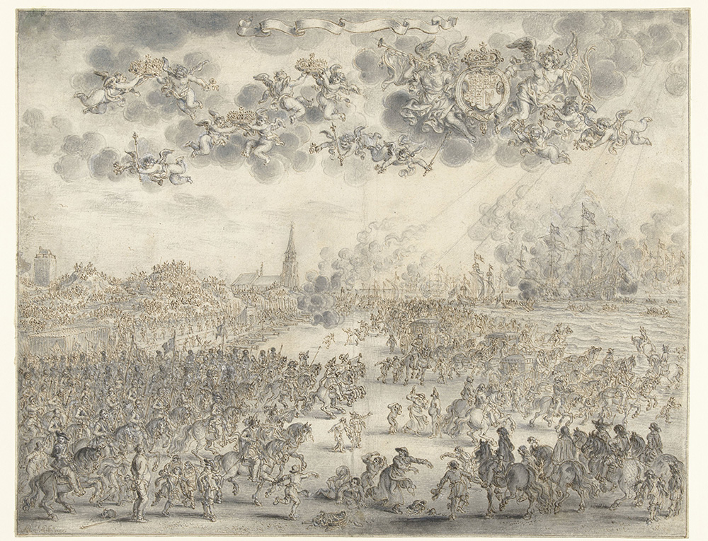 Het vertrek van de Engelse koning Karel II vanuit Scheveningen naar Engeland, 2 juni 1660. Episode tijdens zijn rondreis door en vertrek uit de Nederlanden. Links de koetsen met de koning en zijn gevolg, rechts ruiters, kanonnen en toeschouwers op de duinen. Op zee wachten de schepen om de koning naar Engeland te brengen. In de lucht putti en de Faam met het wapen van de Engelse koning en een banderol. Ontwerp voor een prent.
