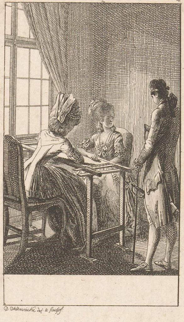 Voor een raam (links) zitten twee dames tegenover elkaar aan een borduurraam. Rechts staat een jonge man toe te kijken. Één van de dames kijkt op van haar werk.