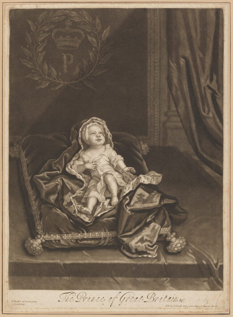 Mezzotint van een baby in een hermelijnen mantel op een kussen. Op de achtergrond een P met daarboven een kroon in een lauwerkrans.