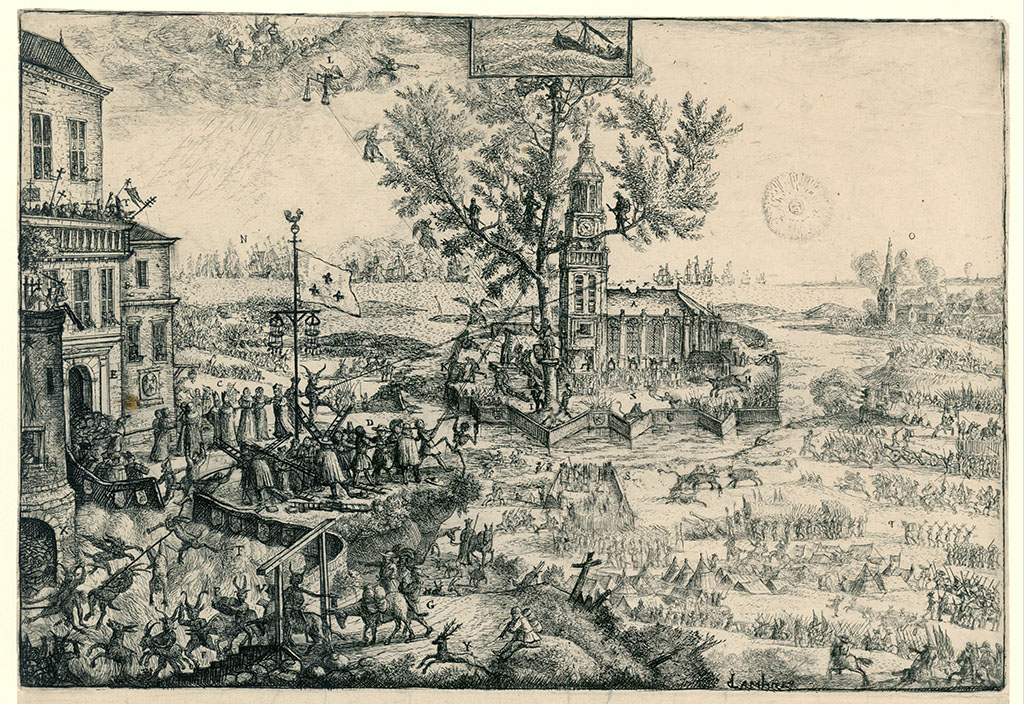 In het midden een kerk met een boom. In de boom staan mannen te zagen, mensen proberen met touwen de boom en de kerktoren om te trekken. Links voor duivels en rechts een slagveld.