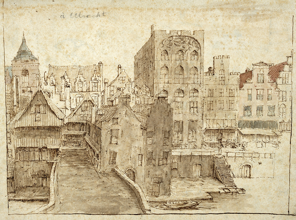 Tekening van een volgebouwde stad. Links voor ons een brug over de gracht. Rechts de werfkelders met aan de straat verschillende huizen. Naast de brug staan ook nog huizen op de werf. Io de achtergrond een kerk.