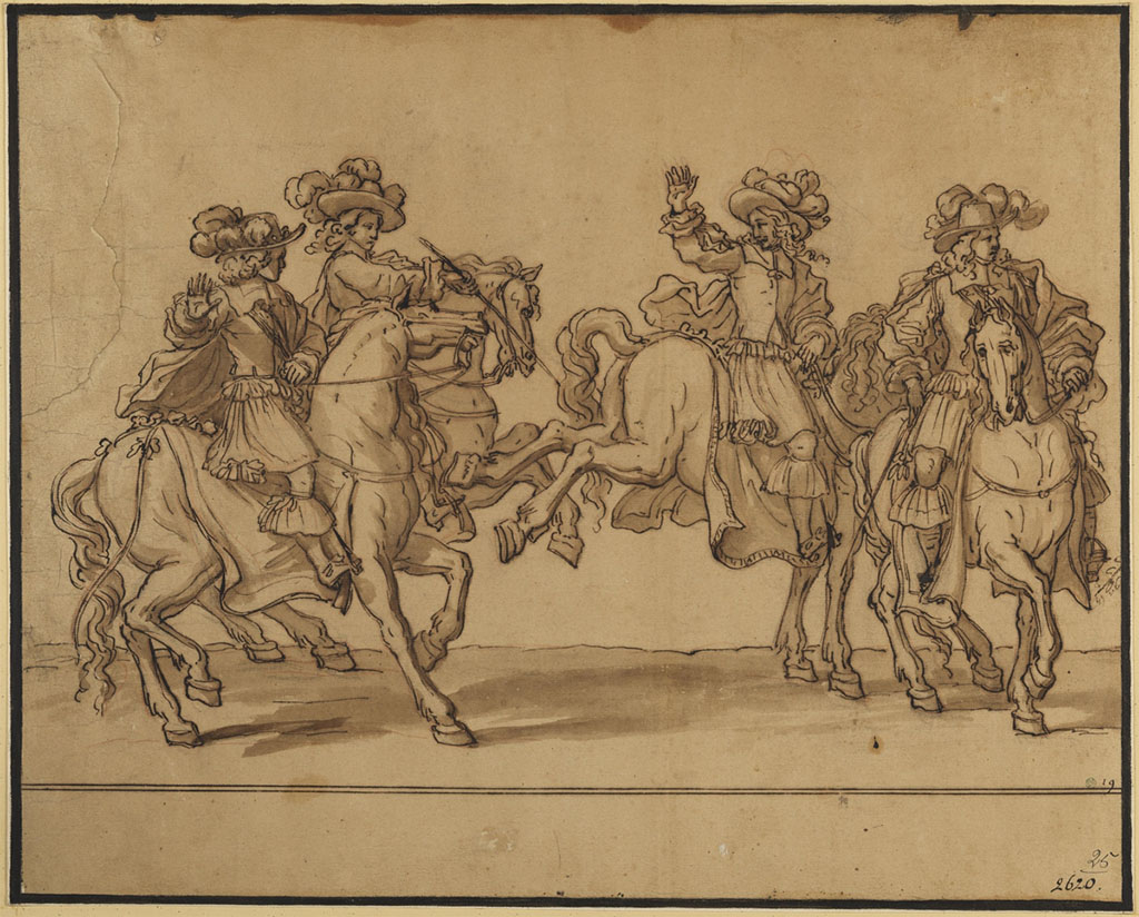 Vier ruiters te paard, twee aan twee. De voorste twee paarden zijn vervelend: één bokt naar de paarden erachter en één staat overwars op de rijrichting. De ruiters zijn elegant gekleed met hoeden met veren, capes en kragen.