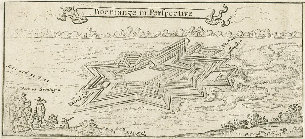 Tekening van de vesting Bourtange. De vesting heeft de vorm van een soort vallende ster. Op de voorgrond een paar mensen. Boven de titel Boertange in Perspective.