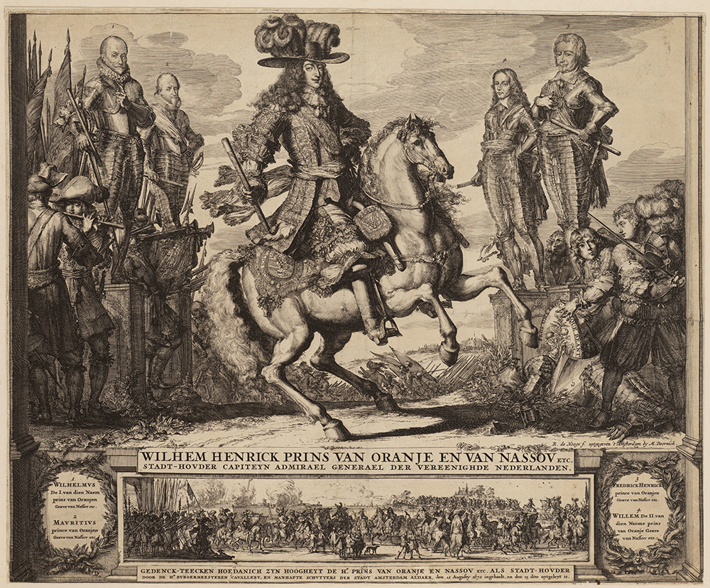 Prent van een man met veel veren op zijn hoed op een steigerend paard. Hij staat temidden van Willem van Oranje, Maurits, Willem II, Frederik Hendrik. Onder de het paard staat Wilhelm Henrick Prins van Oranje en van Nossov etc. Stadt-houder capiteyn admirael Generael der Vereenighde Nederlanden. Daaronder een kleinere afbeelding van een optocht.