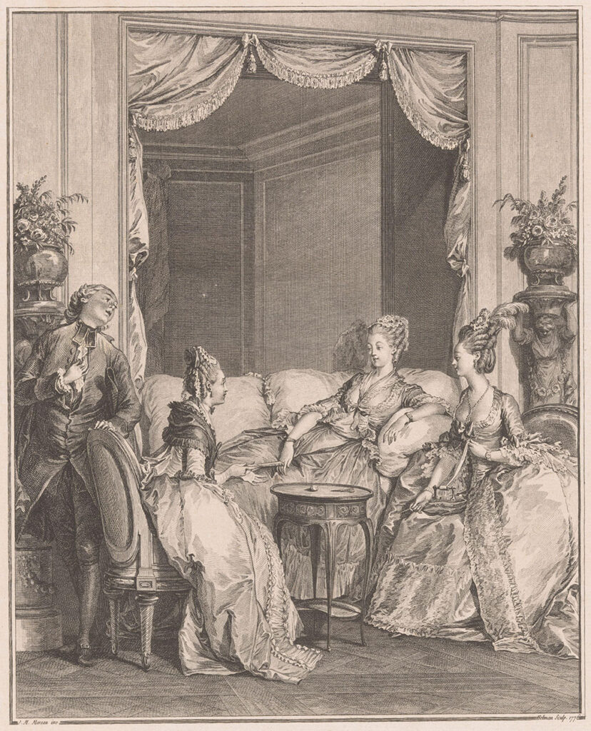 Céphise is in verwachting. Zij ligt in negligé, in een fraai gemeubileerd vertrek op een sofa. Bij haar zitten twee elegant geklede dames in 'robe à la française', die haar moed inspreken voor de naderende bevalling. De dame rechts draagt de officiële 'paniers' en heeft het haar in een zorgvuldig gekapt kapsel. Links staat een jongeman.