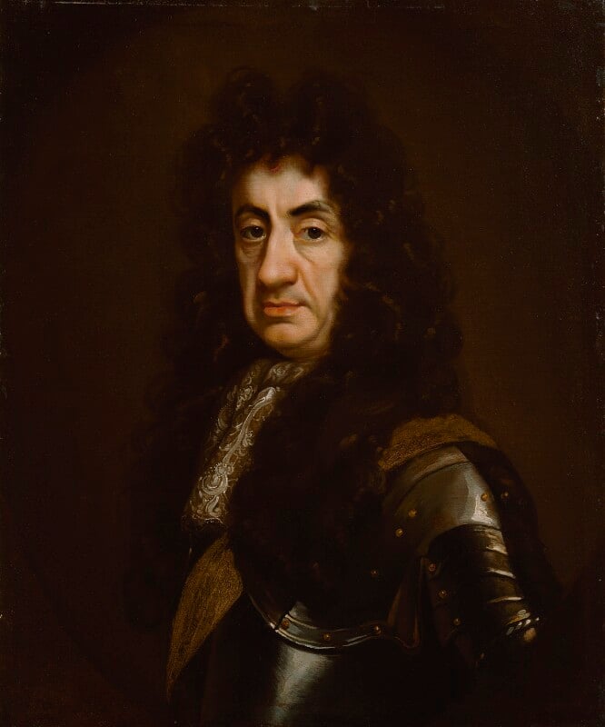 Portret van een ban met een lang gezicht, een flinke neus en dikke lippen. Het gezicht is ietwat geplooid. Hij heeft donkere ogen, lange donkere krullen en hij draagt een harnas met een kanten jabot.