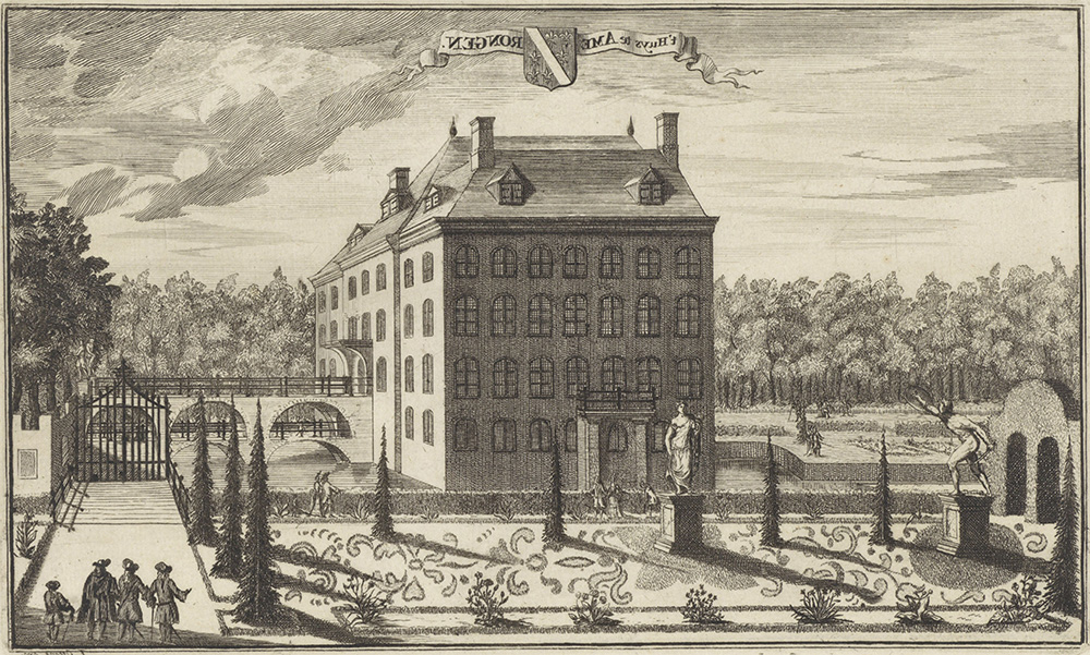 Tekening van het huis amerongen. Op de voorgrond een formele tuin, links de dubbele brug. Het huis is zeven ramen breed. In het dak zitten twee dakkapelletjes.