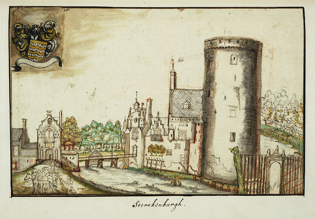 Een tekening van een ridderhofstad, rechts een grote ronde, platte toren. Links van de toren een verzameling van gebouwen, waarschijnlijk rond een binnenplaats. Een houten brug gaat naar het poortgebouw met duivengaten links. Op de weg voor het poortgebouw staay een man met wat paarden.