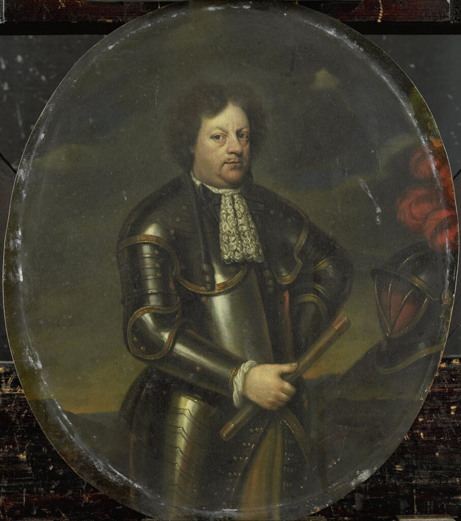 Portret van Hans Willem, baron van Aylva (1635-91), generaal-majoor, genoemd 'de ontzaglijke generaal'. Kniestuk, in een ovaal, staande in wapenrusting in een landschap, commadostaf in de rechterhand, de helm rechts op een rots.