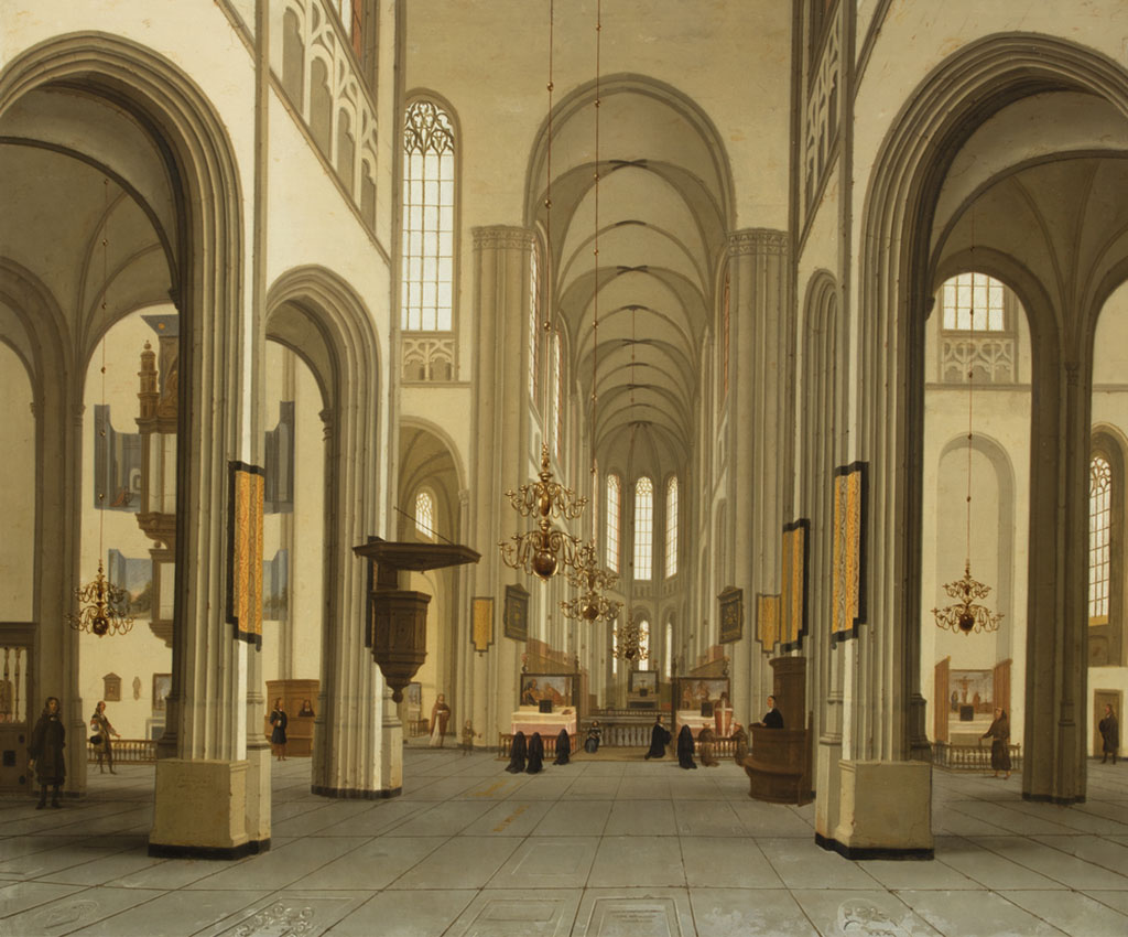 Interieur van de dom, voor het joor staan twee schilderijen, rechts staat een man in een kazuifel, voor het koor zitten kloppen en monniken geknield. Rechts achter een deur een kaper met een kruisbeeld. Op verschilldende plekken staan mensen.