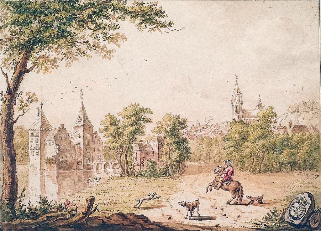 Ingekleurde tekening met links een kasteel met twee torens en een brug in een gracht. Voor het kasteel ligt een ander gebouw. Rechts op de achtergrond een dorp met een kerk. Midden voor zit een mand op een paard met drie honden. Rechts voor ligt een steen met een familiewapen.