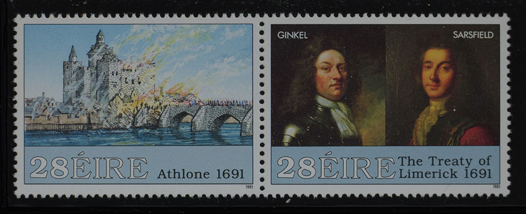 De twee verschillende zegels vormen samen een doorlopend ontwerp (een se-tenant). De linkerzegel heeft een frankeerwaarde van 28 Ierse pence en toont het beleg van Athlone. Deze zegel herdenkt de verovering van Athlone in 1691 en laat een artistieke voorstelling zien van de strijd om de stad. De rechterzegel, eveneens met een frankeerwaarde van 28 Ierse pence, toont Godard van Ginkel en Patrick Sarsfield. Deze zegel herdenkt het Verdrag van Limerick, dat op 3 oktober 1691 een einde maakte aan de Williamitische Oorlog in Ierland.