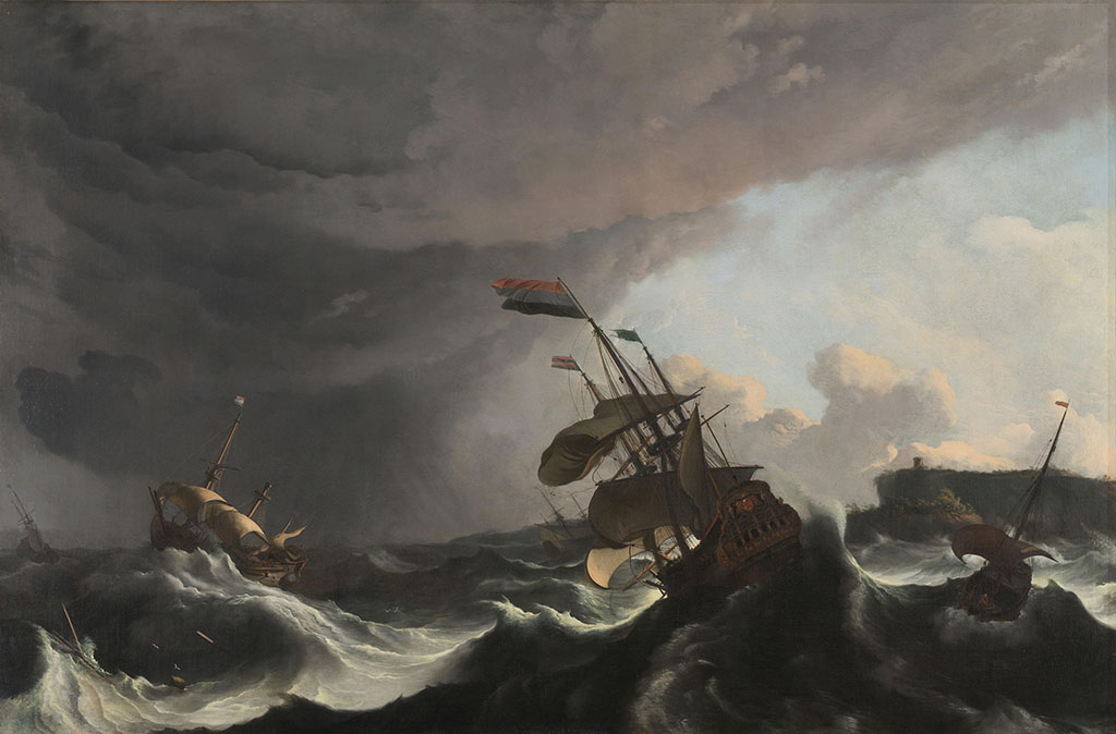 Donkere stormwolken trekken samen boven zee. Vijf schepen worden onder de kust overvallen door deze zware storm. Van het tweede schip van links staat alleen de fokkemast nog overeind, in de golven drijft wrakhout.
