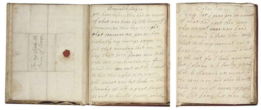 Foto's van een paar brieven. Links een tot omslag gevouwen vel met een zegel en als adressering "For my Sonne the Prince of Orange", Daarnaast een brief uit Bruxcelles van 14 mei een brief uit London van 29 oktober.