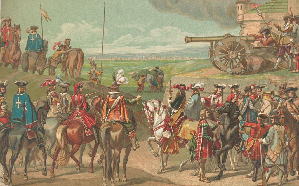Print van verschillende militairen. Op de voorgrond militairen te paard, dan een heuveltje met daarop nog een paar militairen. Rechts en versterking met daarop een kanon met een paar militaire. In de verte een stad met daarachter heuvels.