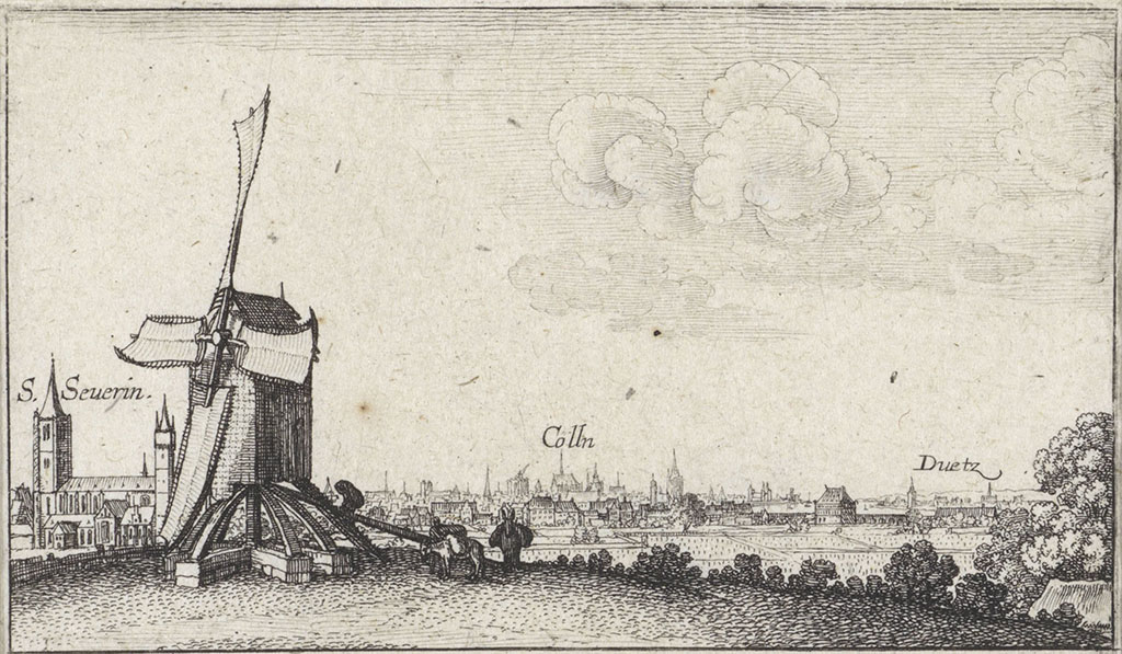 Links een molen met een paar bepakte ezels of paarden. Op de achtergrond Keulen en Deutz. Links achter de molen, dichter bij dan Keulen St. Severin.