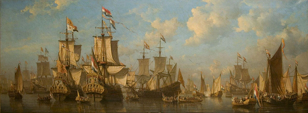 Schilderij van een grote vloot met schepen uit de republiek die allemaal dezelfde kant op varen.