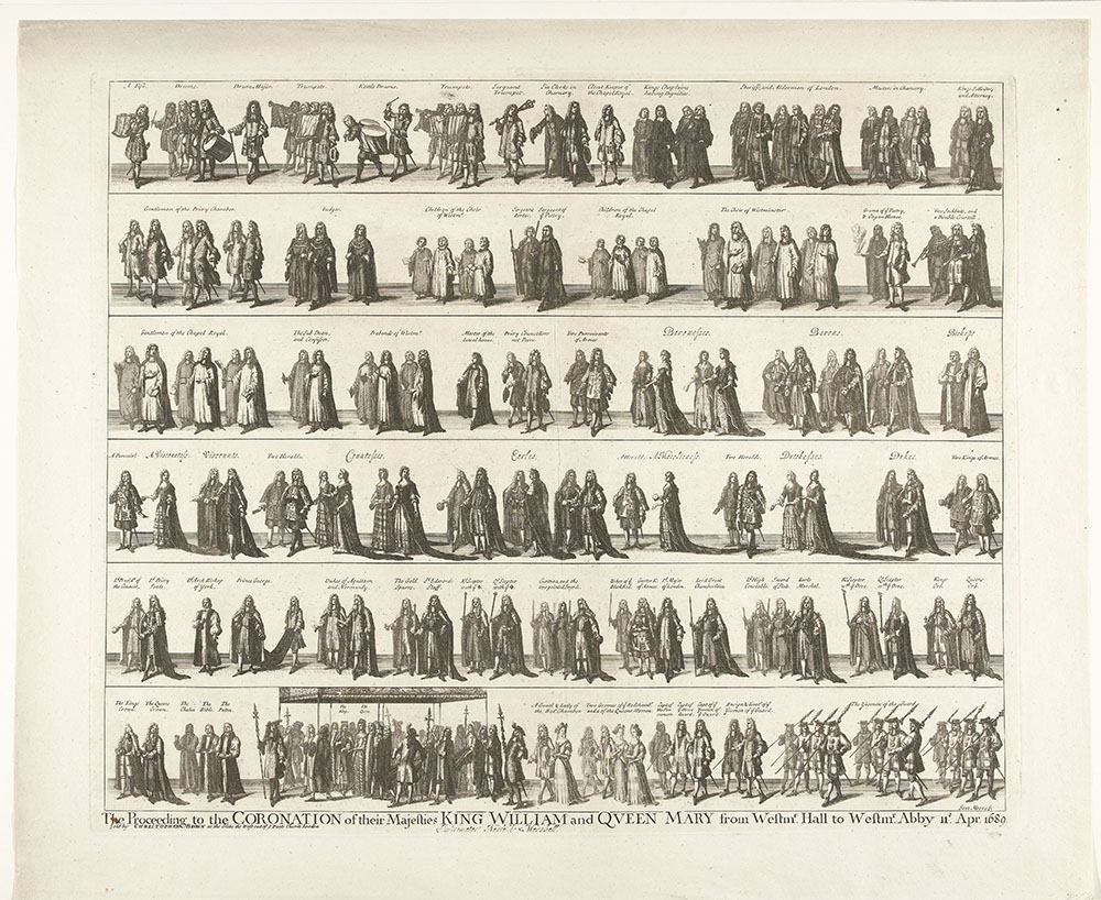 Optocht met prins Willem III en prinses Maria II Stuart van Westminster Hall naar de kroningsceremonie in Westminster Abbey, 21 april 1689. De stoet afgebeeld in zes rijen, bij alle figuren zijn titel of functie vermeld.