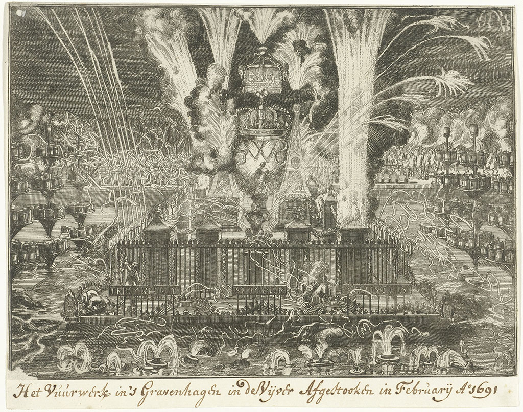In het midden een eiland met in het midden een kroon met daaronder het monogram van Willem Rex. Rondom allerlei soorten vuurwerk, er gaan net vuurpijlen de lucht in. Rondom staat stapels met branden de pektonnen en op de voorgrond kleiner vuurwerk dat drijft in de vijver.