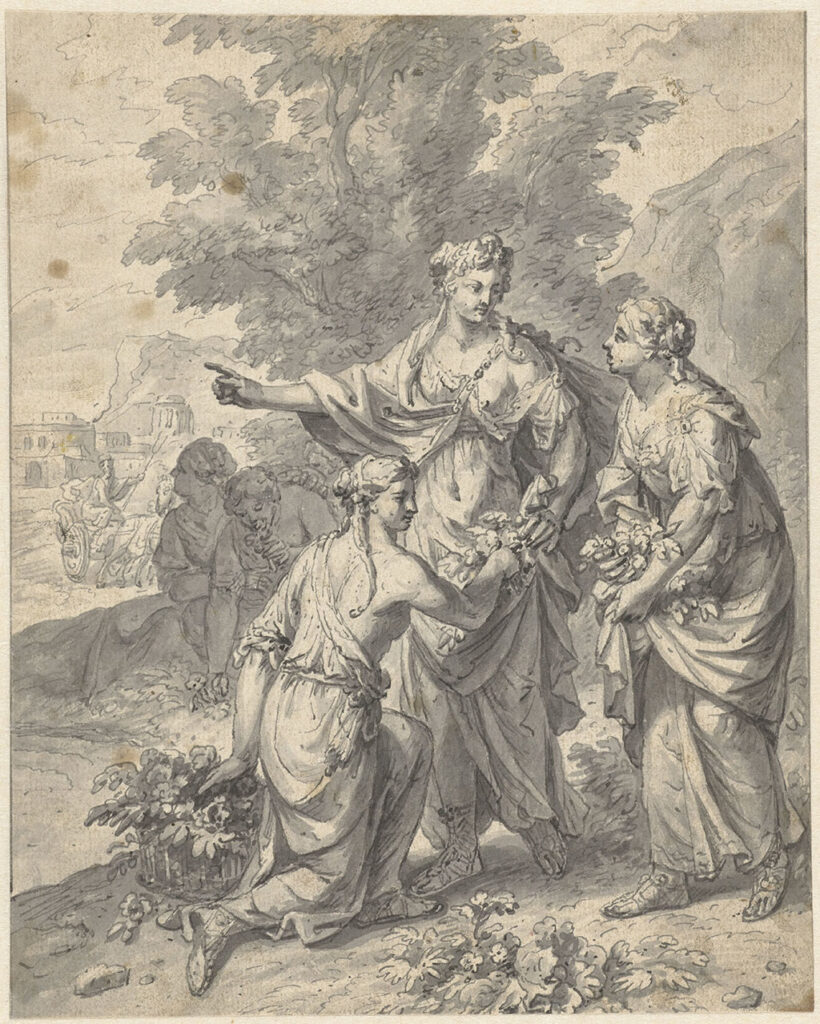 Drie dames met een mand met bloemen en bloemen in hun opgetrokken rok. Op de achtergrond een strijdwagen die nadert en daarachter gebouwen.