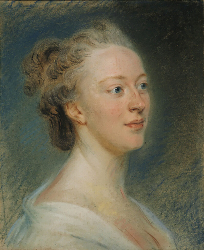 Krijttekening van een jonge vrouw met opgestoken haar. Ze kijkt naar rechts ze heeft grijze ogen en draagt losjes een witte blouse of iets dergelijks