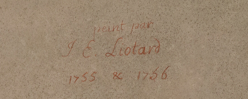 Met rood krijt tegen een bruinige achtergrond handgeschreven: peint par / J.E. Liotard / 1755 & 1756.