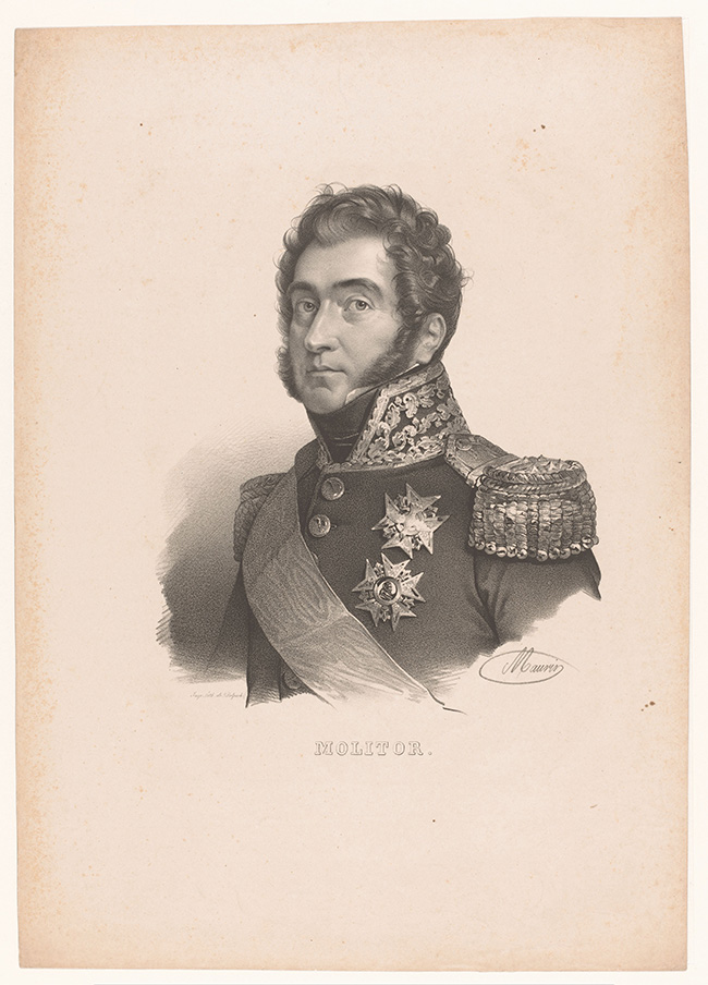 Gravure van de buste van een man in een militair uniform. Hij heeft kort donker haar en lange bakkebaarden. Hij is naar rechts gekeerd en kijkt je vanuit zijn ooghoeken aan. Zijn jasje heeft een hoge kraag en grote epauletten op de schouders. Op het jasje draagt hij twee ordekruizen en een sjerp om zijn rechter schouder. 