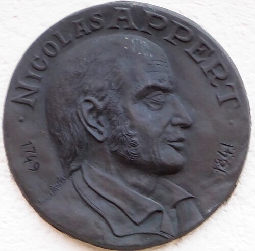 Rond portret van Nicolas Appert en profiel naar rechts kijkend.
