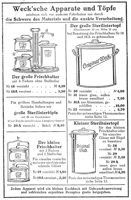 Zwartwit advertentie voor vier producten van Weck in het duits:
links boven: de grote vershouder met 6 klemmen
rechts boven: een grote sterilisatiepan
links onder: de kleine vershouder met twee klemmen
rechts onder: kleine sterilisatiepan