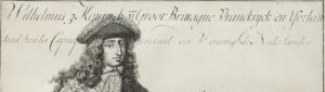 Een man met een hoed met een veer met de tekst Willem 3 Koninck van Groot Brittagne, Vranckryck en Yerland.