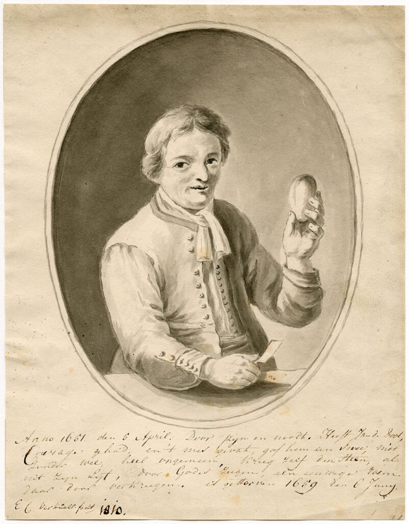 Tekening van een man in een ovaal die in zijn linker hand een steen ter grote van een ganzenei houdt en in zijn rechter hand een mes.