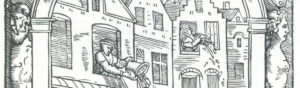 De bovenkant van een paar huizen en twee mensen gooien de inhoud van hun emmer met de restanten van de nachtelijke behoefte het raam uit.