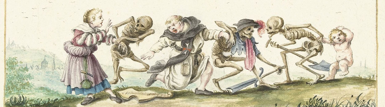 een vrouw een monnik en een kind dansen met de dood
