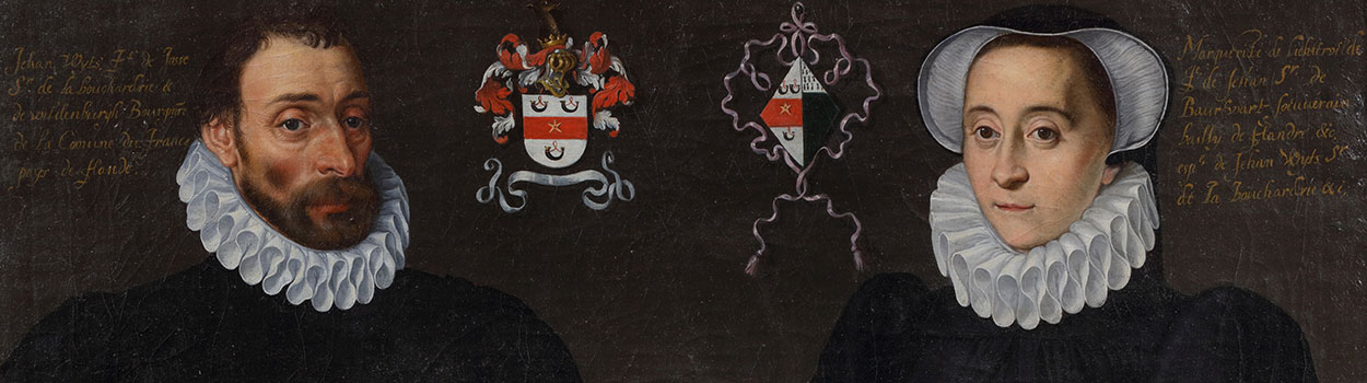 Een man en een vrouw met molensteenkraag. Tussen hun in twee familiewapens