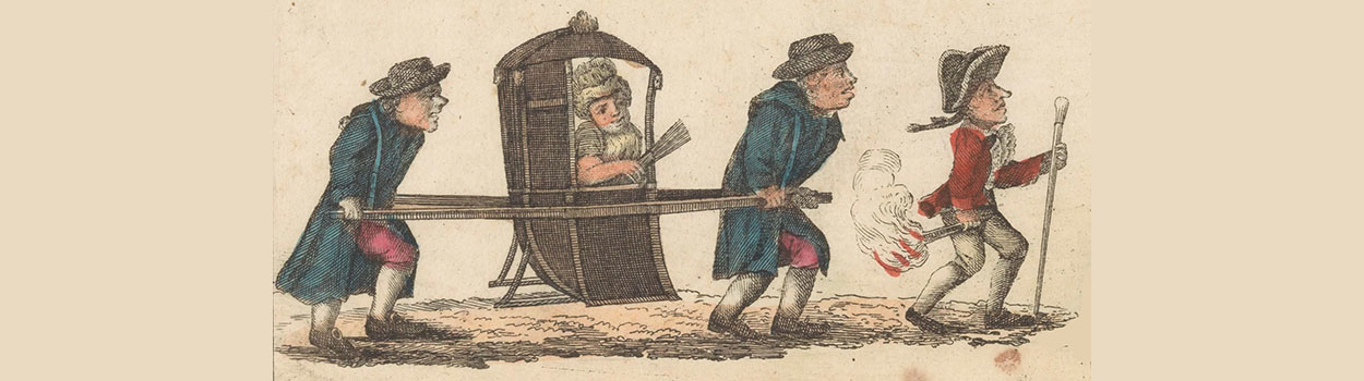 Karikatuur van een dame in een draagkoets met twee dragers. Ervoor loopt een man met een fakkel.