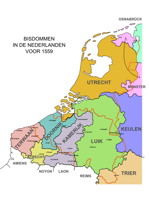 Kaart van de lage landen met van Noord naar Zuid en van West naar Oost: Utrecht, Osnabrück, Münster, Doornik, Kamerijk, Keulen, Terwaan, Atrecht, Trier