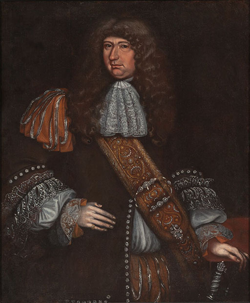 Donker portret van een forse man met een flinke bos donkere krullen. Hij draagt een wit-kanten cravatte, een flinke sjerp en heeft pofmouwen.