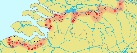 Kaart van Zeeland en Brabant met een rode lijn langs Zeeuws-Vlaanderen, West-Brabant en het Land van Maas en Waal. Zwarte en rode punten geven de vestingen en forten weer. 