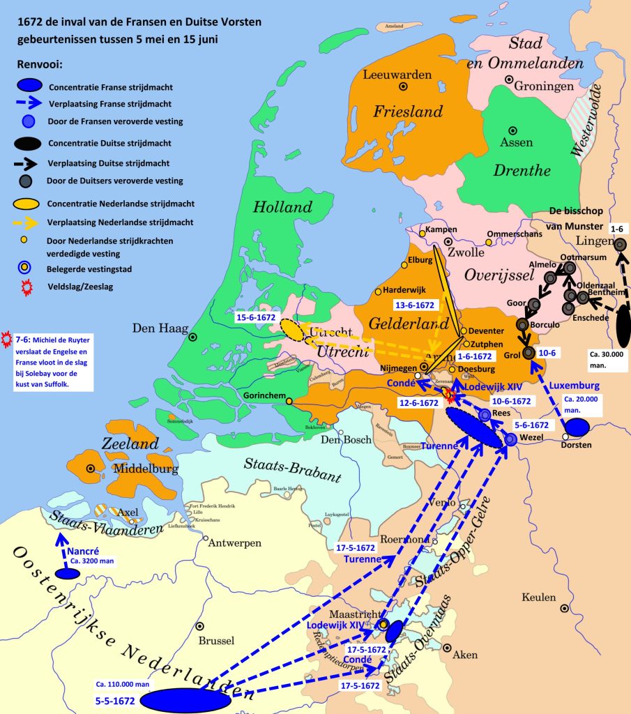 Een kaart van de Republiek met verschillende blauwe legers die via Maastricht en Duitsland richting Arnhem trekken en zwarte troepen die door Twente trekken. De gele troepen liggen achter de IJssel en trekken terug naar de steden.