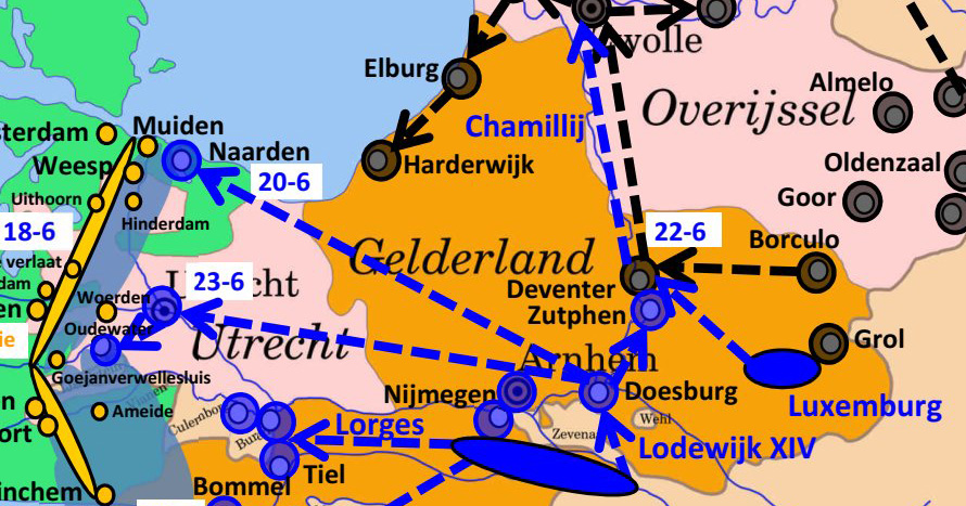 Er trekt een blauw leger van Lodewijk naar Doesburg, Zutphen, Deventer en Zwolle. Een zwart leger trekt van Grol, naar Deventer, Zwolle, Elburg en Harderwijk. De gele troepen zitten achter de Hollandse Waterlinie.