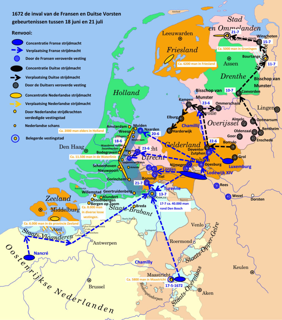 Een kaart van de Republiek met verschillende blauwe legers die met name in gelderland en Utrecht actief zijn en zwarte troepen vooral in Overijssel actief zijn, maar doortrekken naar Coevorden en Groningen. De gele troepen liggen achter de Hollandse Waterlinie.