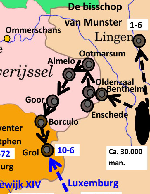 Kaartje met Duitsland, Twente en de Achterhoek. Een Duits leger van ca. 30.000 man. Op 1 juni valt de Bisschop van Münster Lingen aan (net ten zuidoosten van de de oostelijkse punt van Drenthe). Een ander deel van het leger trekt via Bentheim, Oldenzaal, Ootmarsum, Almelo, Goor en Borculo naar Grol, waar ze op 10 juni aankomen. 