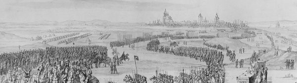 In de verte de zee en de stad Stralsund. Op de voorgrond een leger