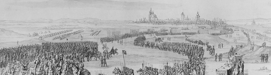 In de verte de zee en de stad Stralsund. Op de voorgrond een leger