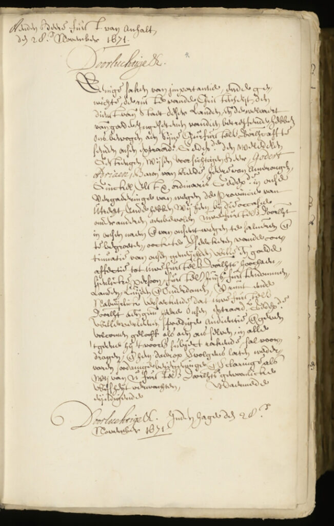 Historisch handschrift van het verslag van Godard Adriaans optreden bij de Staten Generaal.