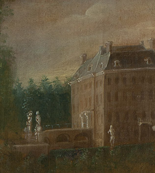 Het huis Amerongen met de dubbele brug. Aan het begin van de brug staan twee standbeelden. In de tuin ervoor staat een standbeeld van een staand persoon.