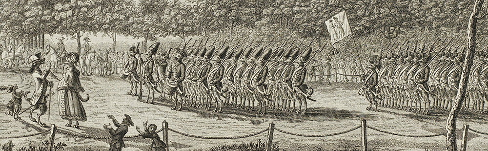 Een legereenheid van keeshonden in uniform.