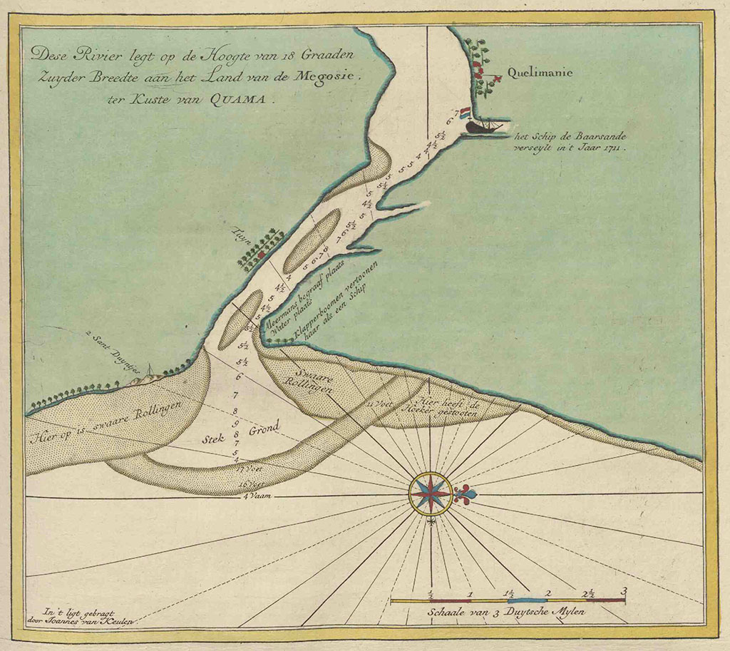 Kaart van een riviermonding, met daarin aangegeven ondiepe stukken en op het land zaken die vanaf het water zichtbaar zijn (bijvoorbeeld duinen). Links boven staat "Dese rivier legt op de hoogte van 18 graaden zuyderbreedte aan het land van de Megosie ter kuste van Quama. 